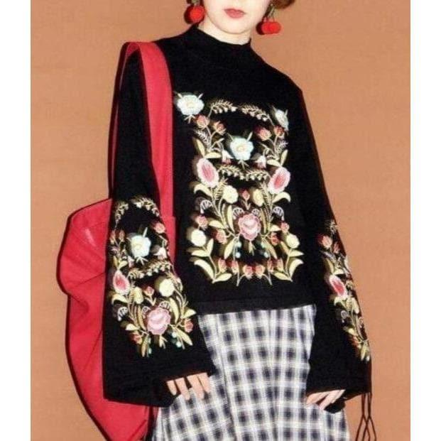 vintage black floral embroidery turtleneck sweater