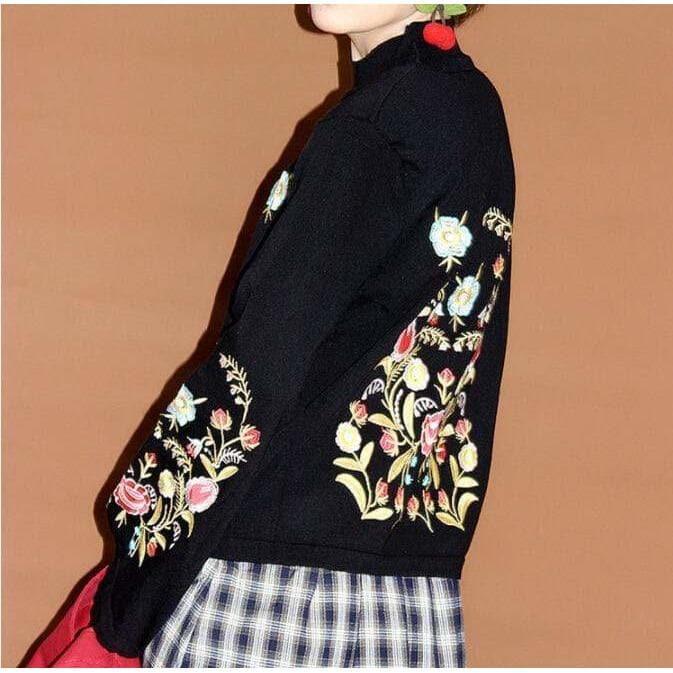 vintage black floral embroidery turtleneck sweater