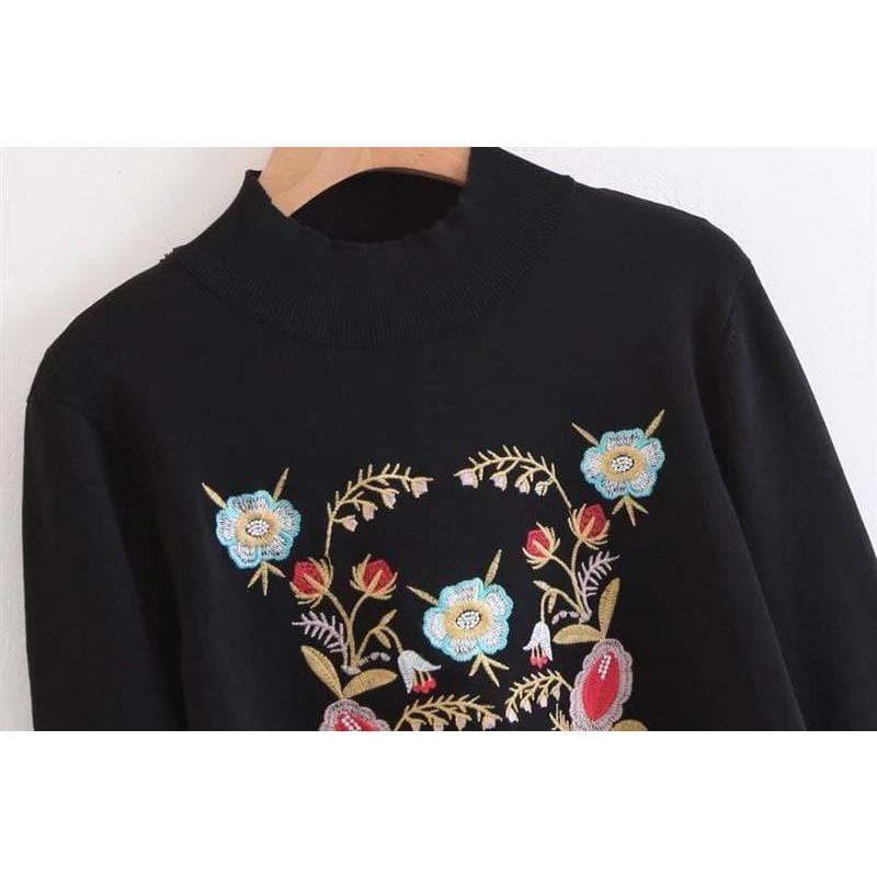 vintage black floral embroidery turtleneck sweater