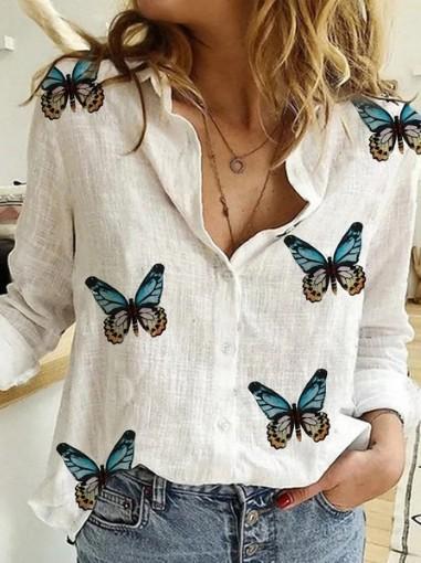 Cotton Linen Butterfly Print Casual Long-sleeved Blouse