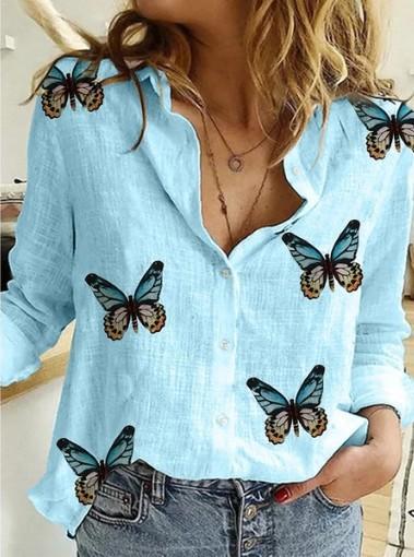 Cotton Linen Butterfly Print Casual Long-sleeved Blouse