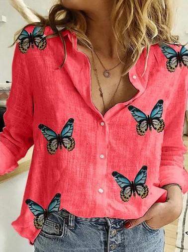 Cotton Linen Butterfly Print Casual Long-sleeved Blouse