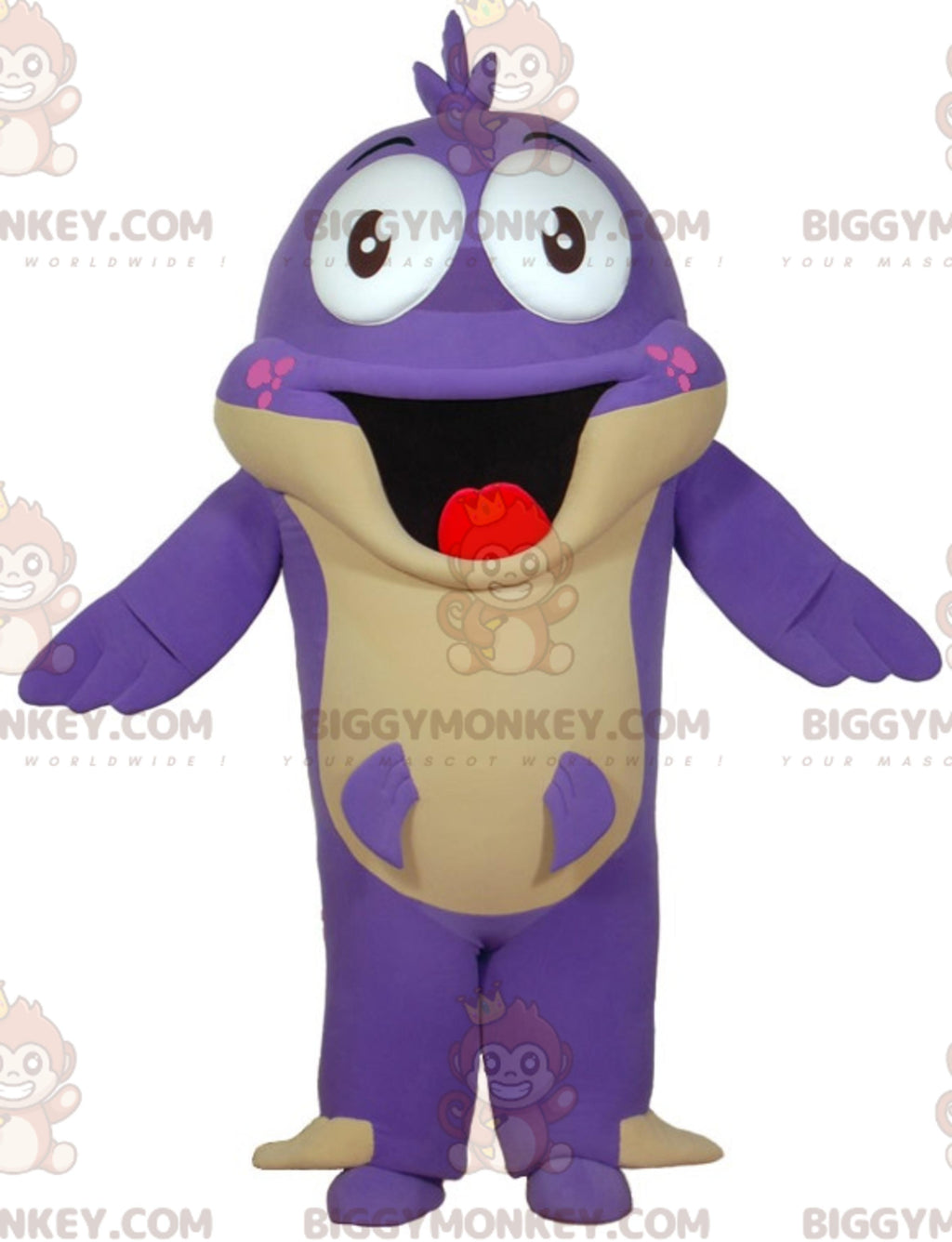 BIGGYMONKEYmascot costume of purple fish with a big mouth. BIGGYMONKEYfun mascot costume