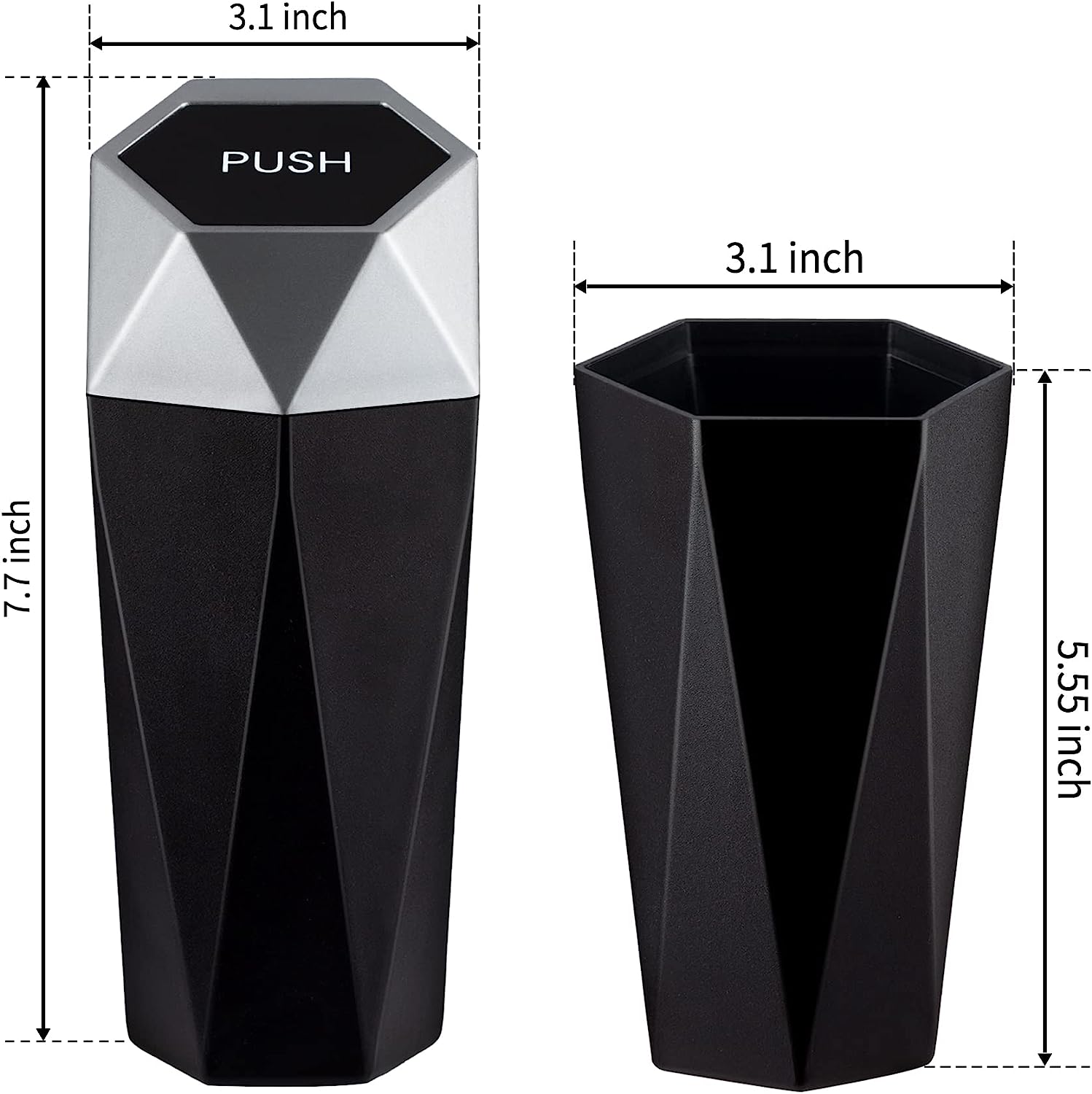 JUSTTOP Car Trash Can with Lid, Diamond  Small Automatic Portable Trash Can, Easy to Clean, Used in Car Home Office (Silver)