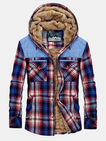 mens plaid 100% cotton plush lined thick snap button shirt hooded overcoats