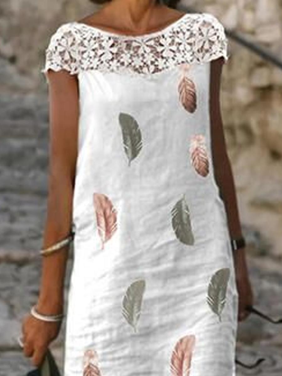 Ladies Casual Feather Print Stitching Shift Dress