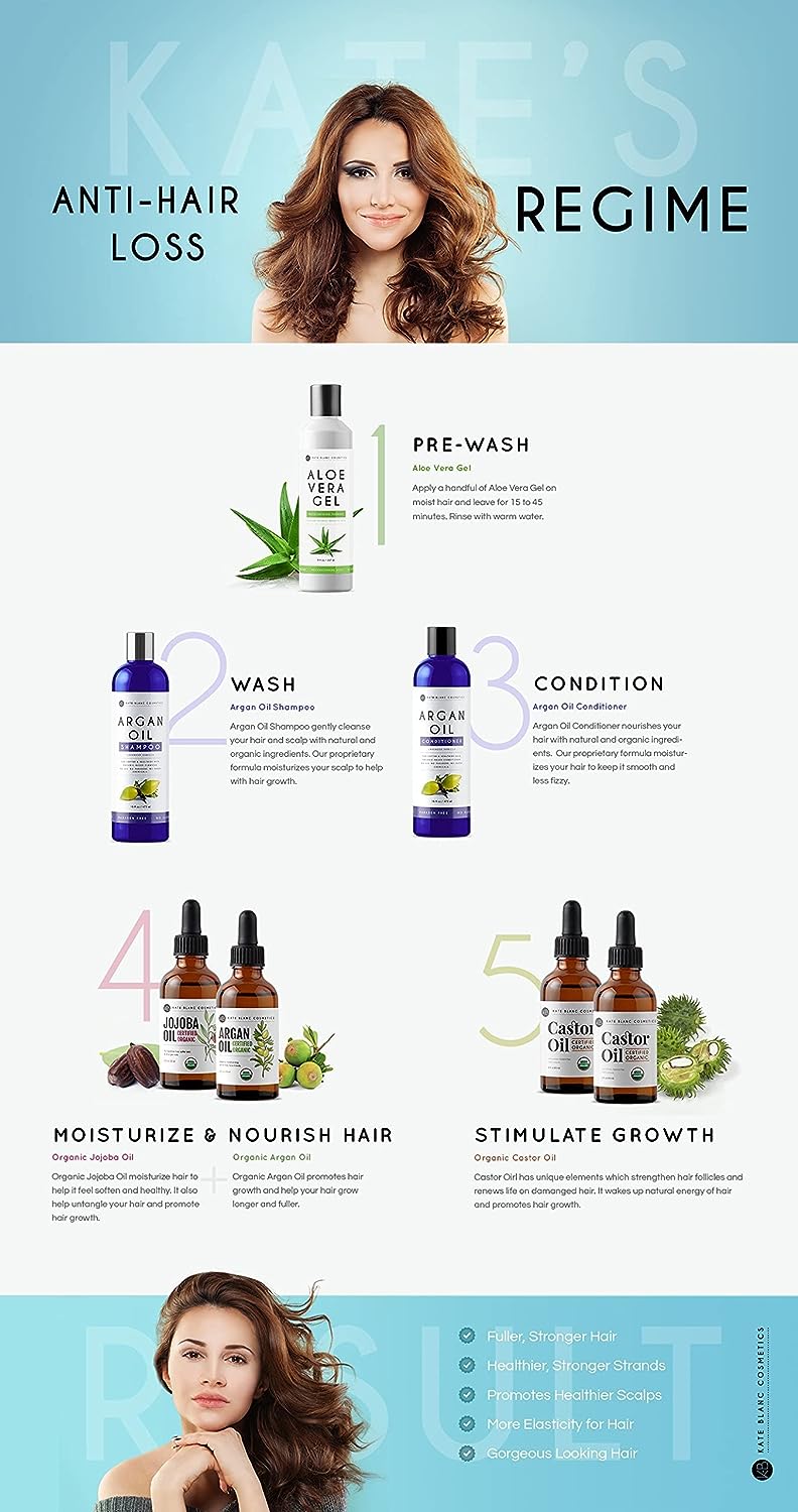 Organic Castor Oil (4oz), USDA Certified, 100% Pure, Cold Pressed, Hexane Free by Kate Blanc. Stimulate Growth for Eyelashes, Eyebrows, Hair. Skin Moisturizer &amp; Oil Cleanse with Starter Kit