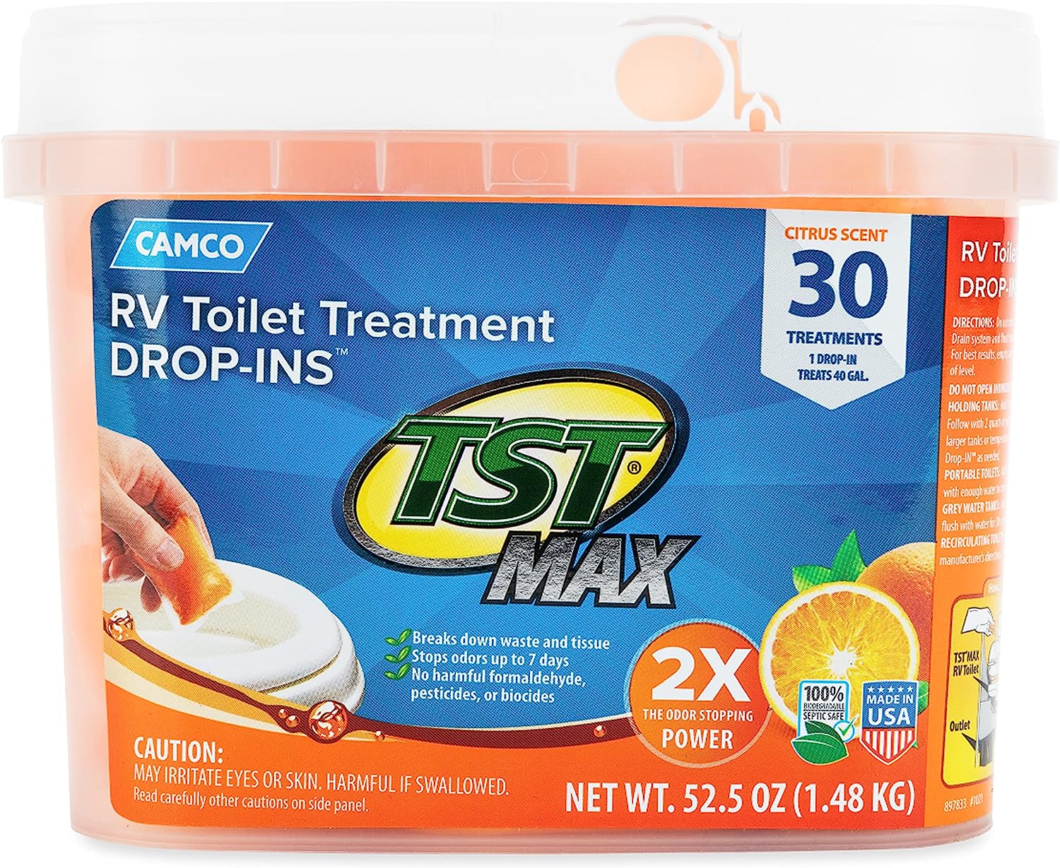 Camco TST MAX Camper/RV Toilet Treatment Drop-INs | Control Unwanted Odors and Break Down Waste and Tissue | Safe Septic Tank Treatment | Orange Scent | 30-Pack (41183)