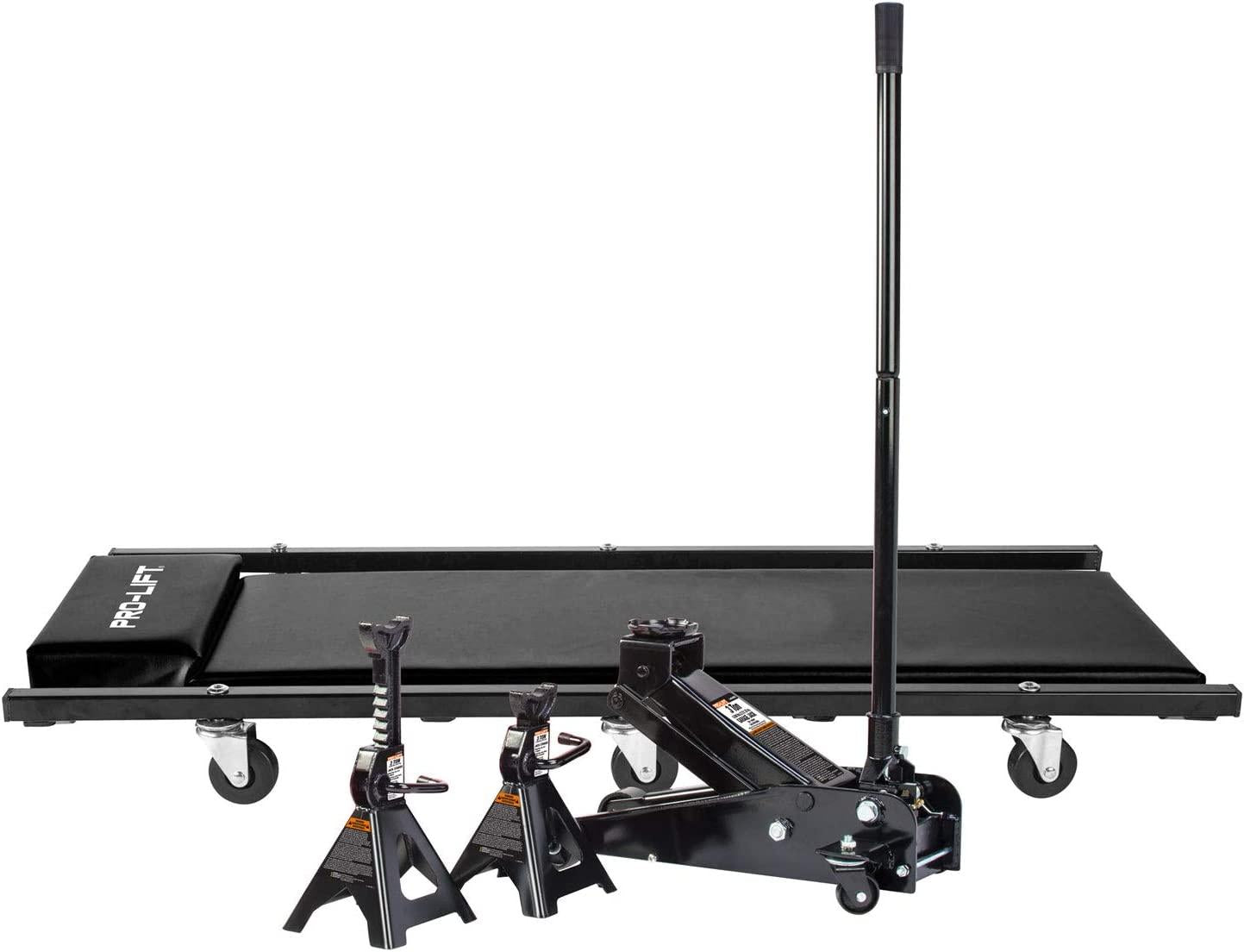 Pro-LifT G-4630JSCB 3 Ton Heavy Duty Floor Jack/Jack Stands and Creeper Combo - Great for Service GaraHome Uses - Black