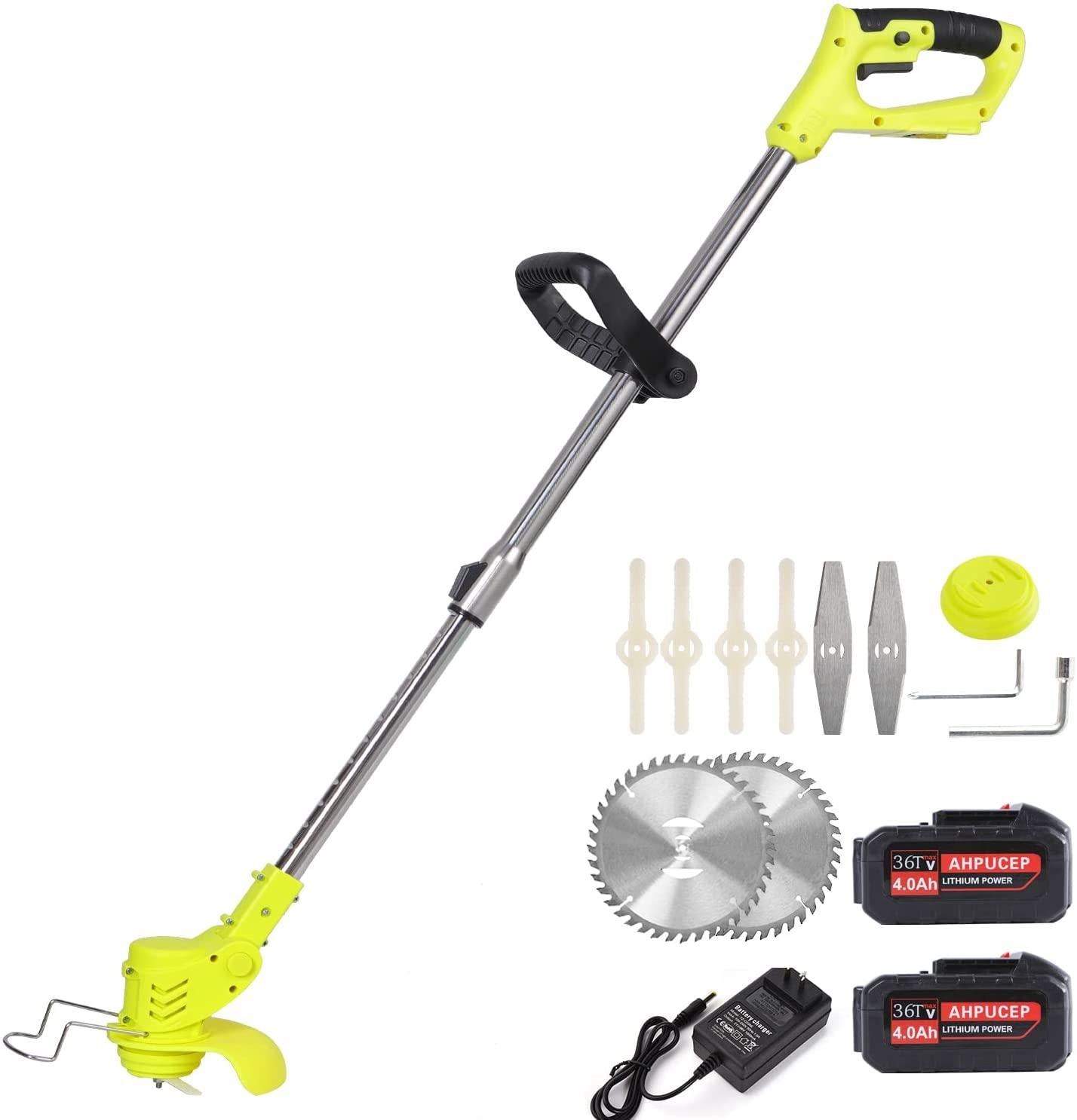Cordless Brush Cutter Weed Wacker,Stringless Trimmer with 2Pcs 36Tv 4A Battery, Weed Eater Battery Powered with 9Trimmer Cut Blades,Grass Trimmer Suitable for Lawn,Garden,Yard,Bush Trimming&Pruning