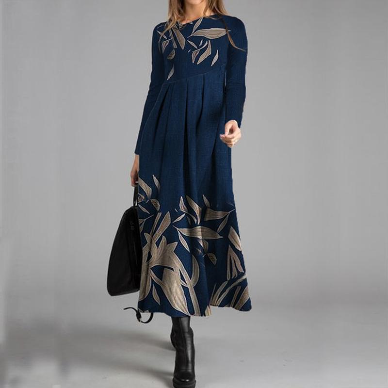 Casual Leaf Print Long Sleeved Maxi Dress Women