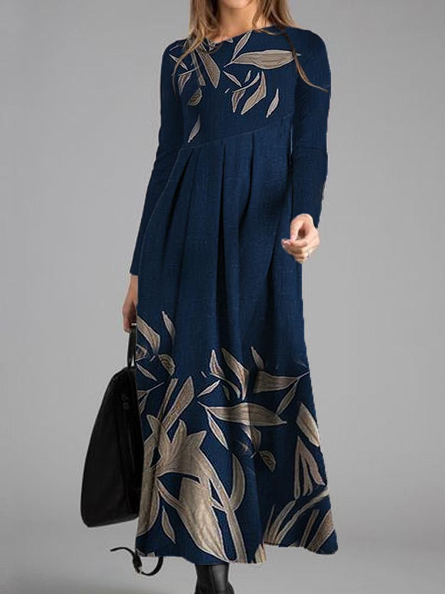 Casual Leaf Print Long Sleeved Maxi Dress Women