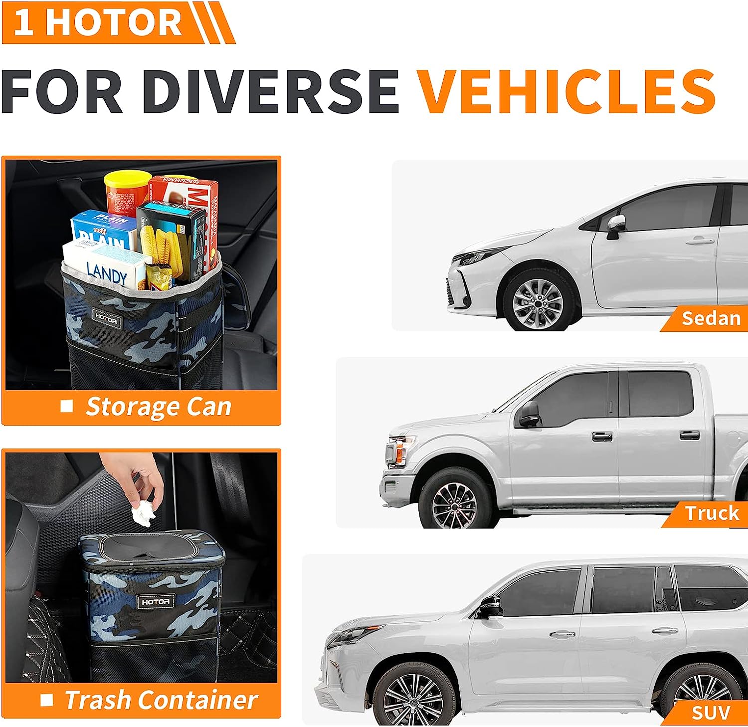 HOTOR Car Trash Can, Multifunctional Car Accessory for Interior Car Stuff Storage with Compact Design, Waterproof Car Organizer and Storage with Adjustable Straps, Magnetic Snaps (Camouflage Blue)