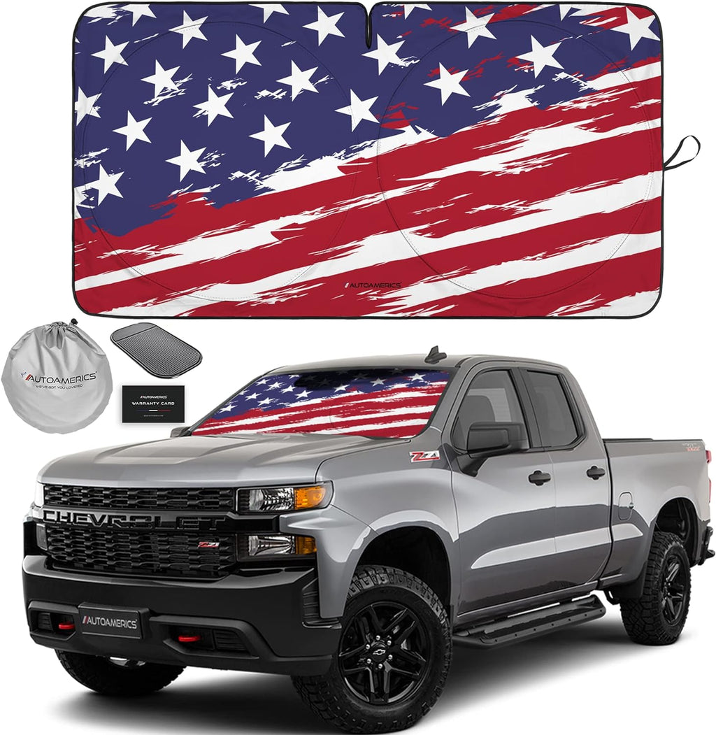 Autoamerics 1-Piece Windshield Sun Shade USA Art Flag - 2 American  - Foldable Car Front Window Sunshade for Most Sedans SUV Truck - Blocks Max UV Rays and Keeps Your Vehicle Cool - Large
