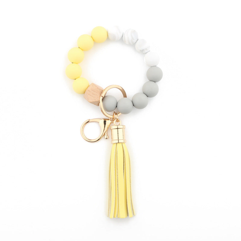 Silicone Beaded Bracelet Keychain, Key Ring Bangle Wristlet Keychain With Faux Leather Tassel For Women/Girls