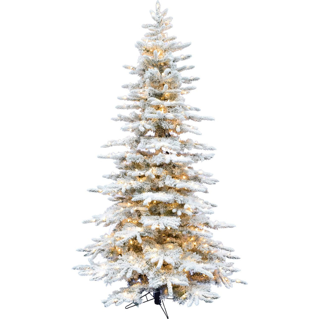 Fraser Hill Farm Clear Prelit LED Green Flocked Mountain Pine Artificial Christmas Tree, with Smart String Lighting 7.5'