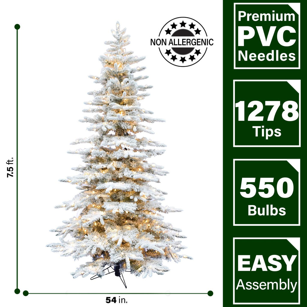 Fraser Hill Farm Clear Prelit LED Green Flocked Mountain Pine Artificial Christmas Tree, with Smart String Lighting 7.5'