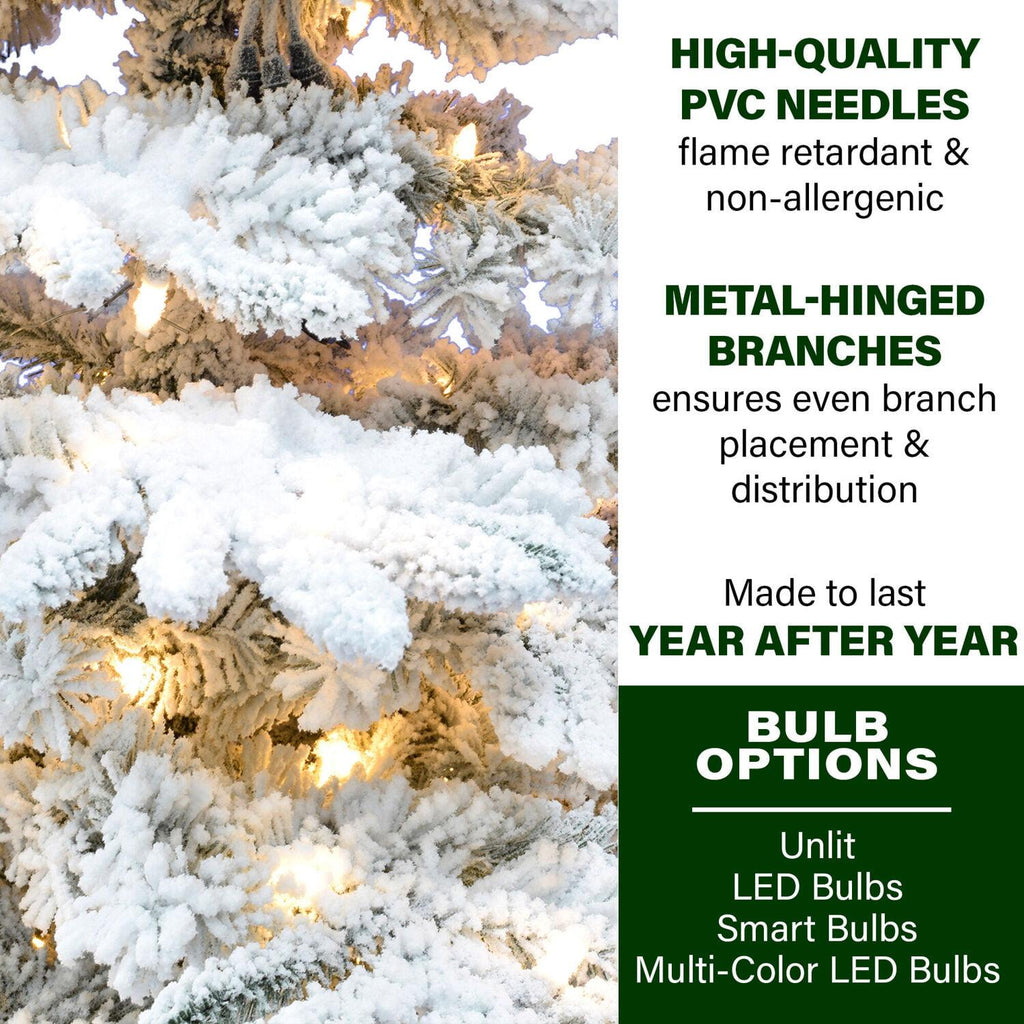 Fraser Hill Farm Clear Prelit LED Green Flocked Mountain Pine Artificial Christmas Tree, with Smart String Lighting 7.5'