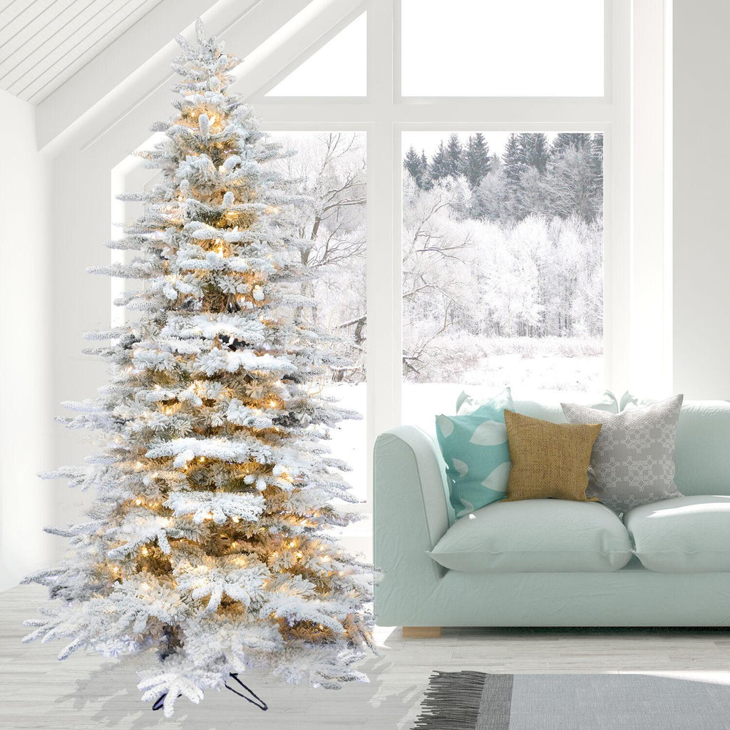 Fraser Hill Farm Clear Prelit LED Green Flocked Mountain Pine Artificial Christmas Tree, with Smart String Lighting 7.5'