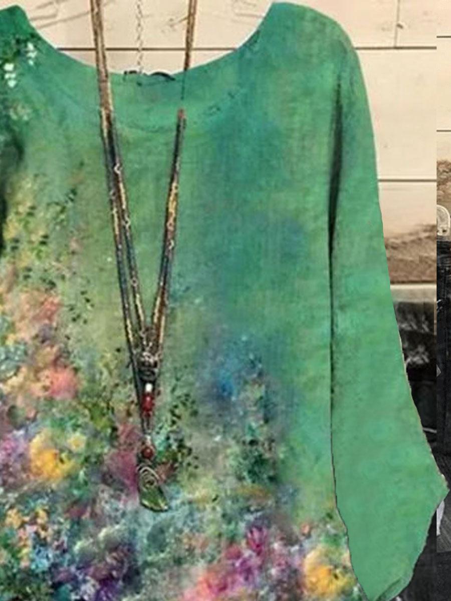 Round Neck Floral Print Casual Long-sleeved Blouse