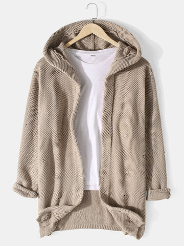 mens solid color knitted casual mid-length ripped loose sweater hooded cardigan