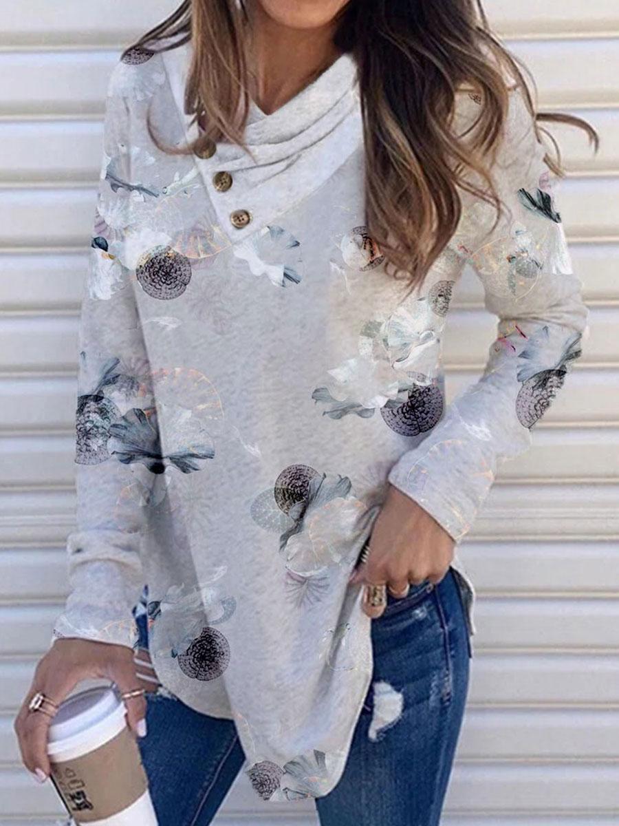 Fashion Flower Print Casual Pile Collar Long-sleeved T-shirt