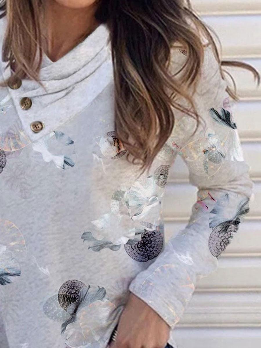 Fashion Flower Print Casual Pile Collar Long-sleeved T-shirt