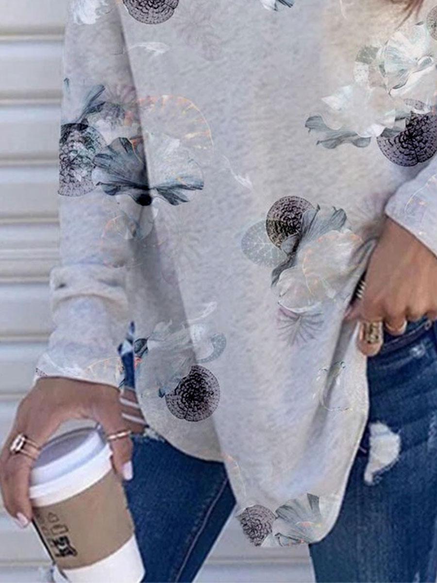 Fashion Flower Print Casual Pile Collar Long-sleeved T-shirt