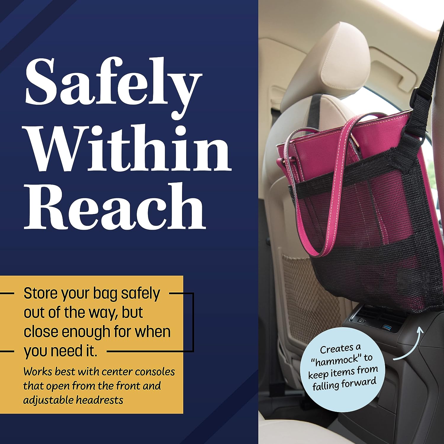 Car Cache Purse Holder for Car - Net Pocket Organizer for Handbag Storage Between Seats - Dog Car Barrier - Car Accessories for Women and Men - Black