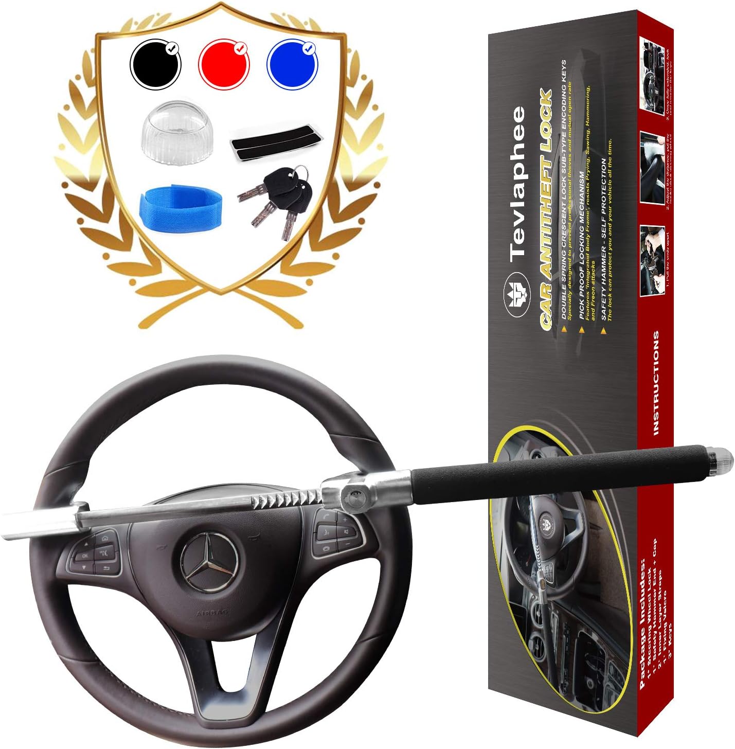 Tevlaphee Steering Wheel Lock Anti Theft Car Device Universal Car Theft Prevention Car Lock Adjustable Double Hook Emergency Hammer Window Breaker Self Defense Heavy Duty Secure (Black)