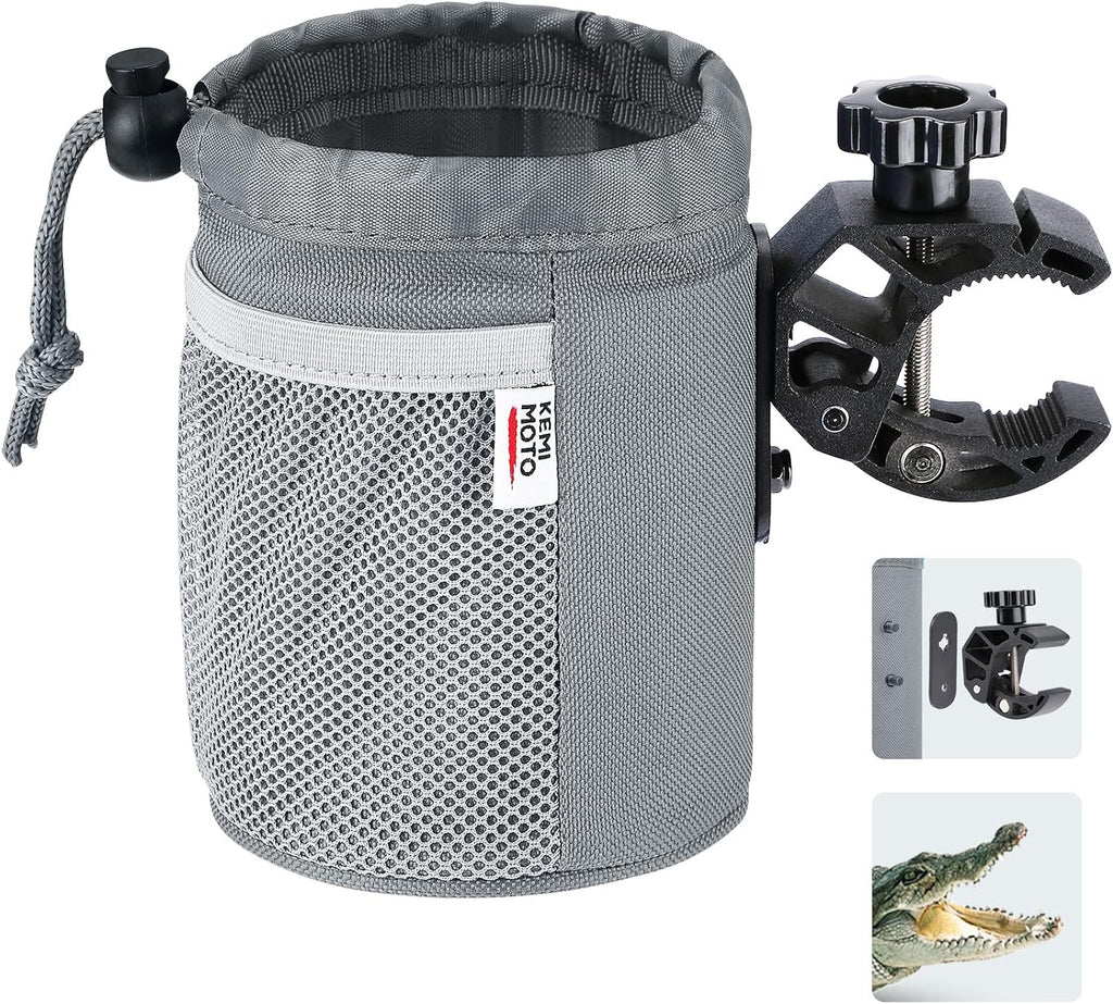 kemimoto Cup Holder with Clip, Oxford Fabric Boat Cup Holders for Drinks with 0.6"-1.5" Alligator Clamp, Cup Holder for Boat, Bike, Kayak, Motorcycle, Wheelchair, Walker, Scooter, Golf Cart, Gray