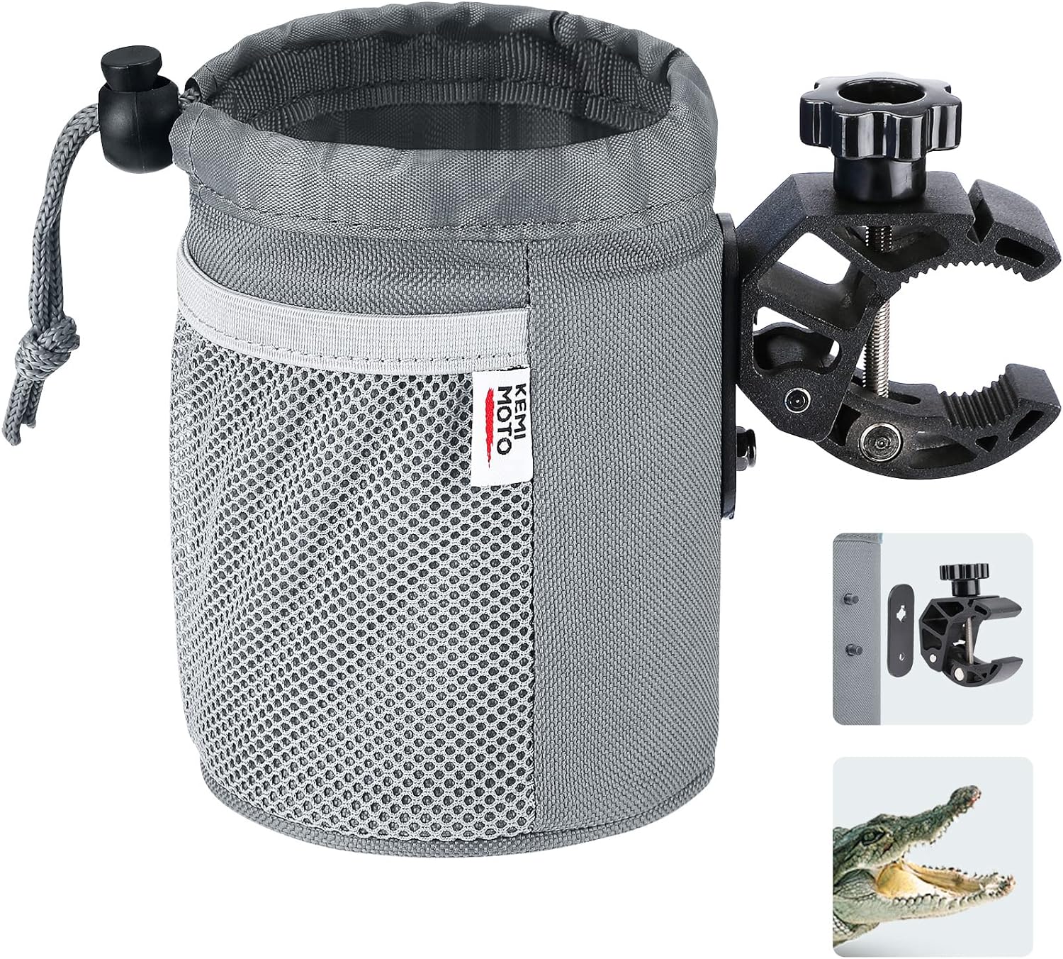 kemimoto Cup Holder with Clip, Oxford Fabric Boat Cup Holders for Drinks with 0.6"-1.5" Alligator Clamp, Cup Holder for Boat, Bike, Kayak, Motorcycle, Wheelchair, Walker, Scooter, Golf Cart, Gray