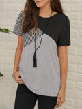 Women's casual striped print hit color short-sleeved T-shirt