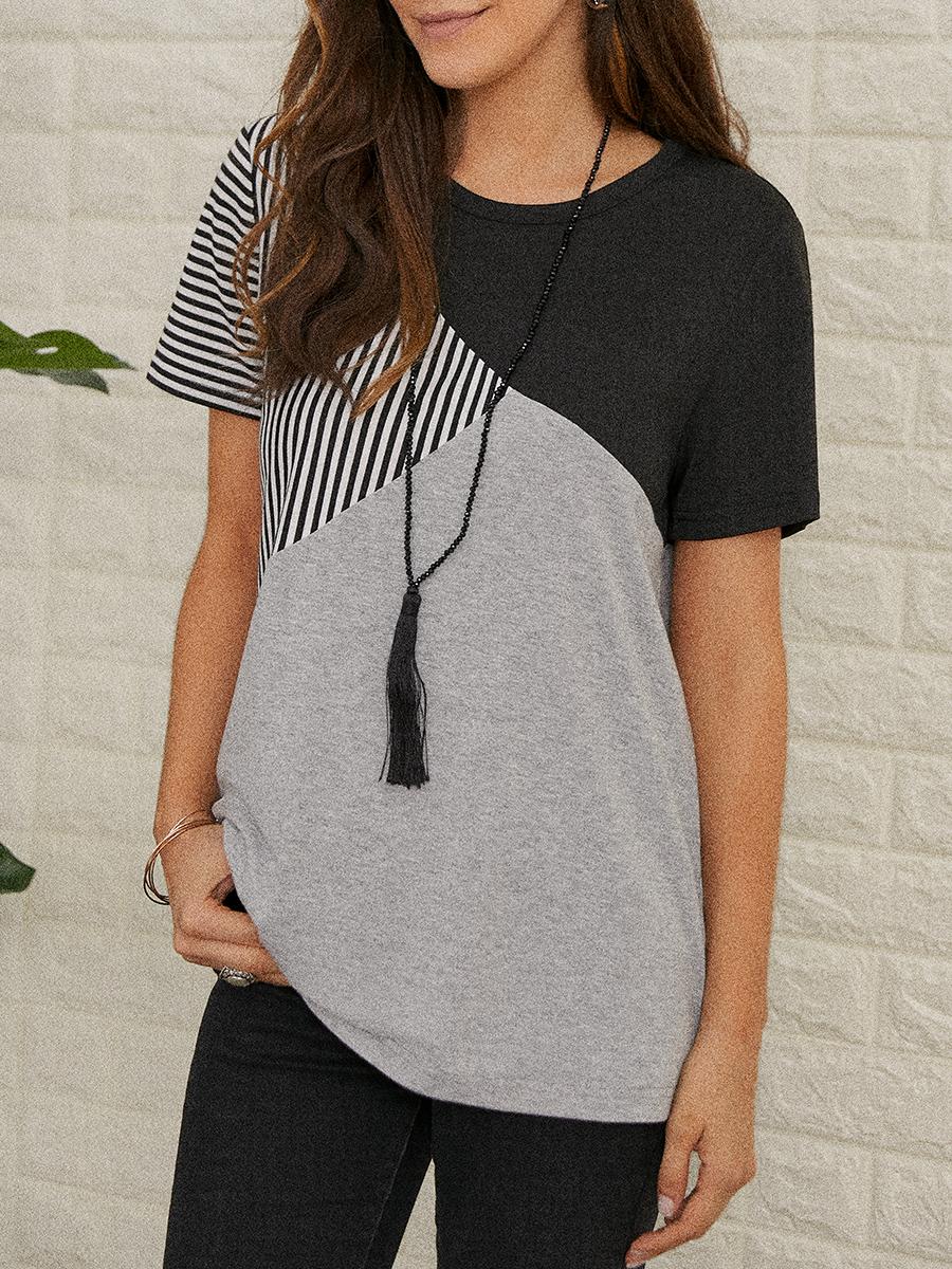 Women's casual striped print hit color short-sleeved T-shirt