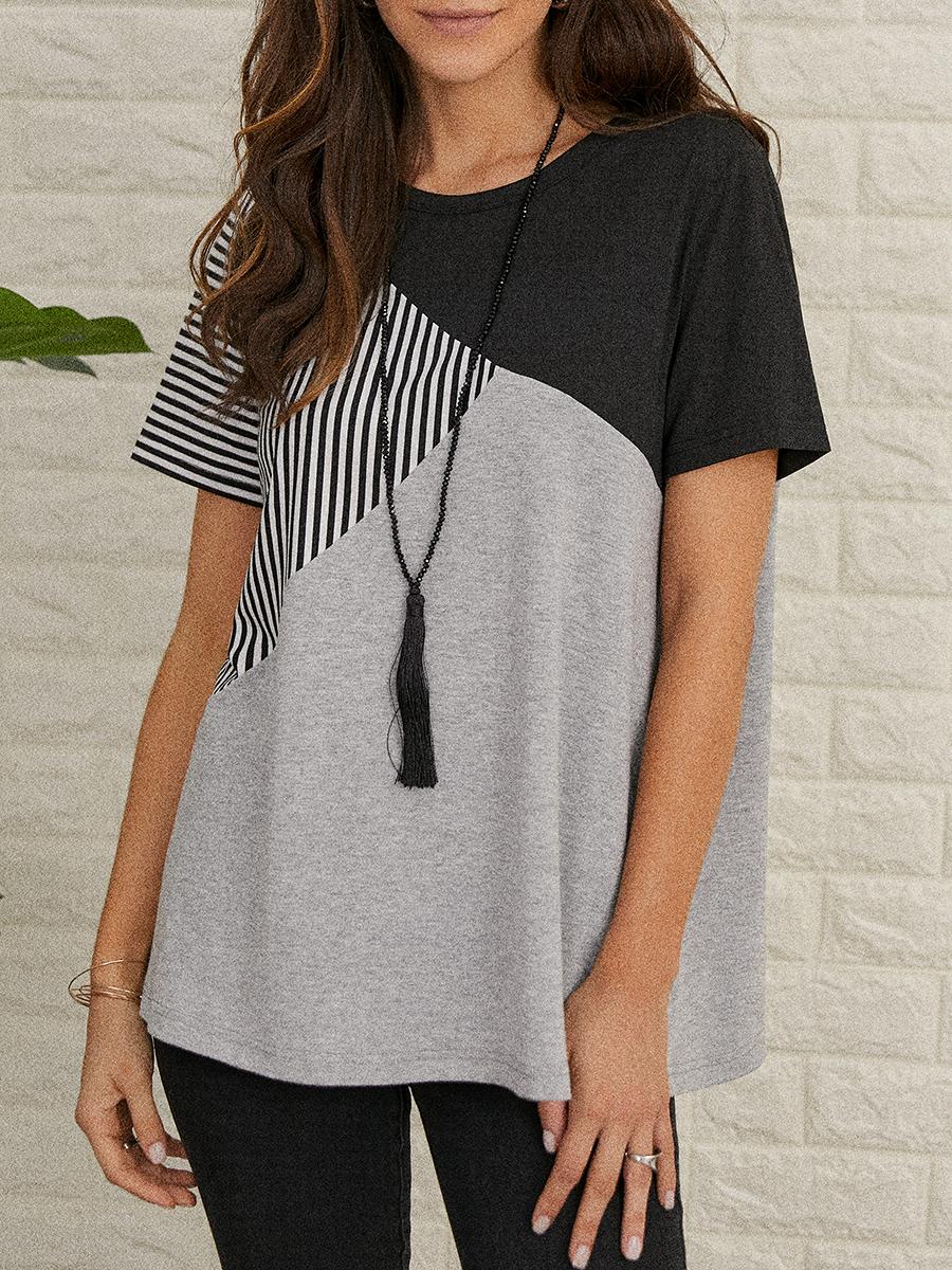 Women's casual striped print hit color short-sleeved T-shirt