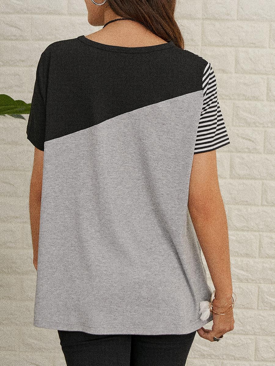 Women's casual striped print hit color short-sleeved T-shirt