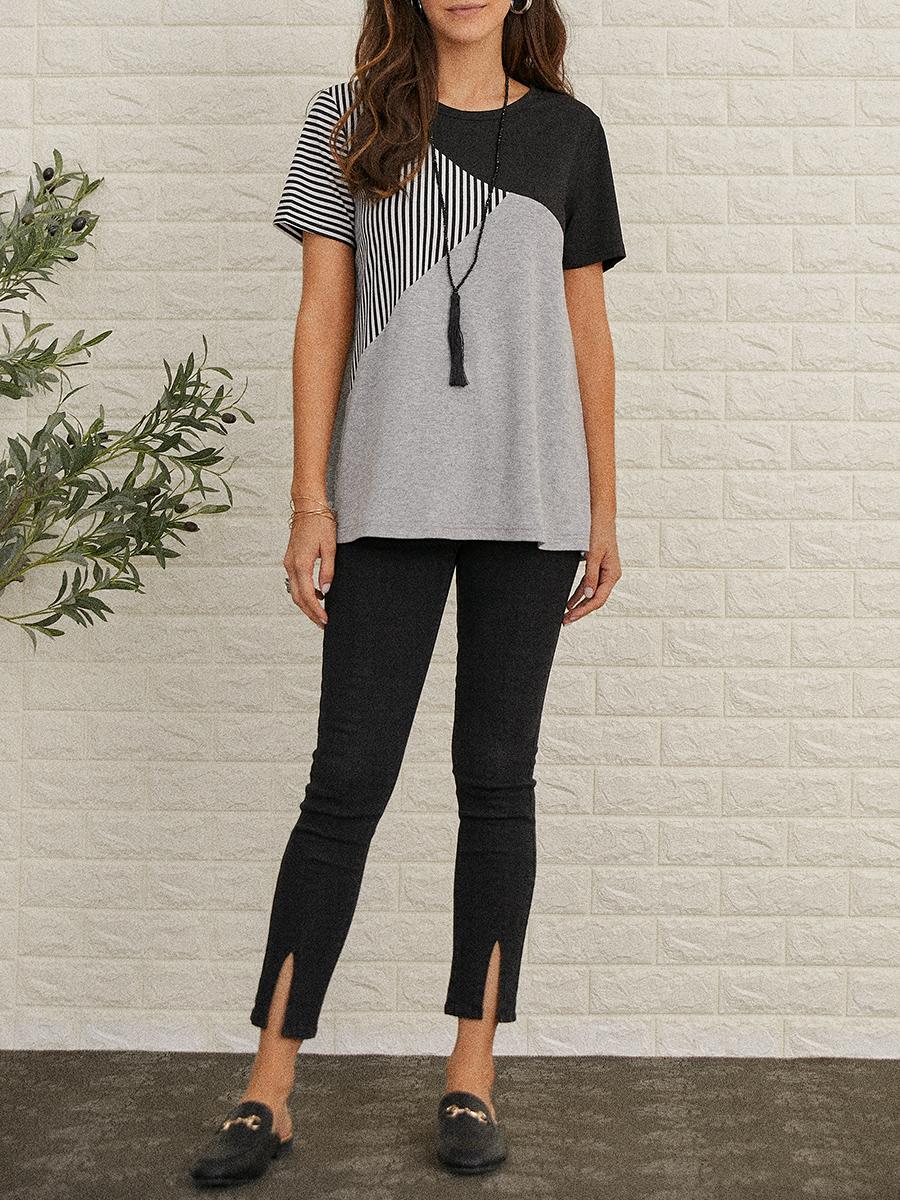 Women's casual striped print hit color short-sleeved T-shirt