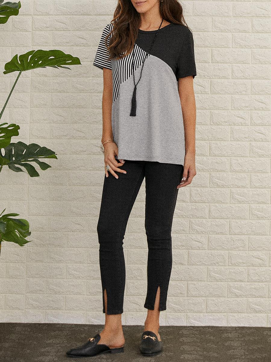 Women's casual striped print hit color short-sleeved T-shirt