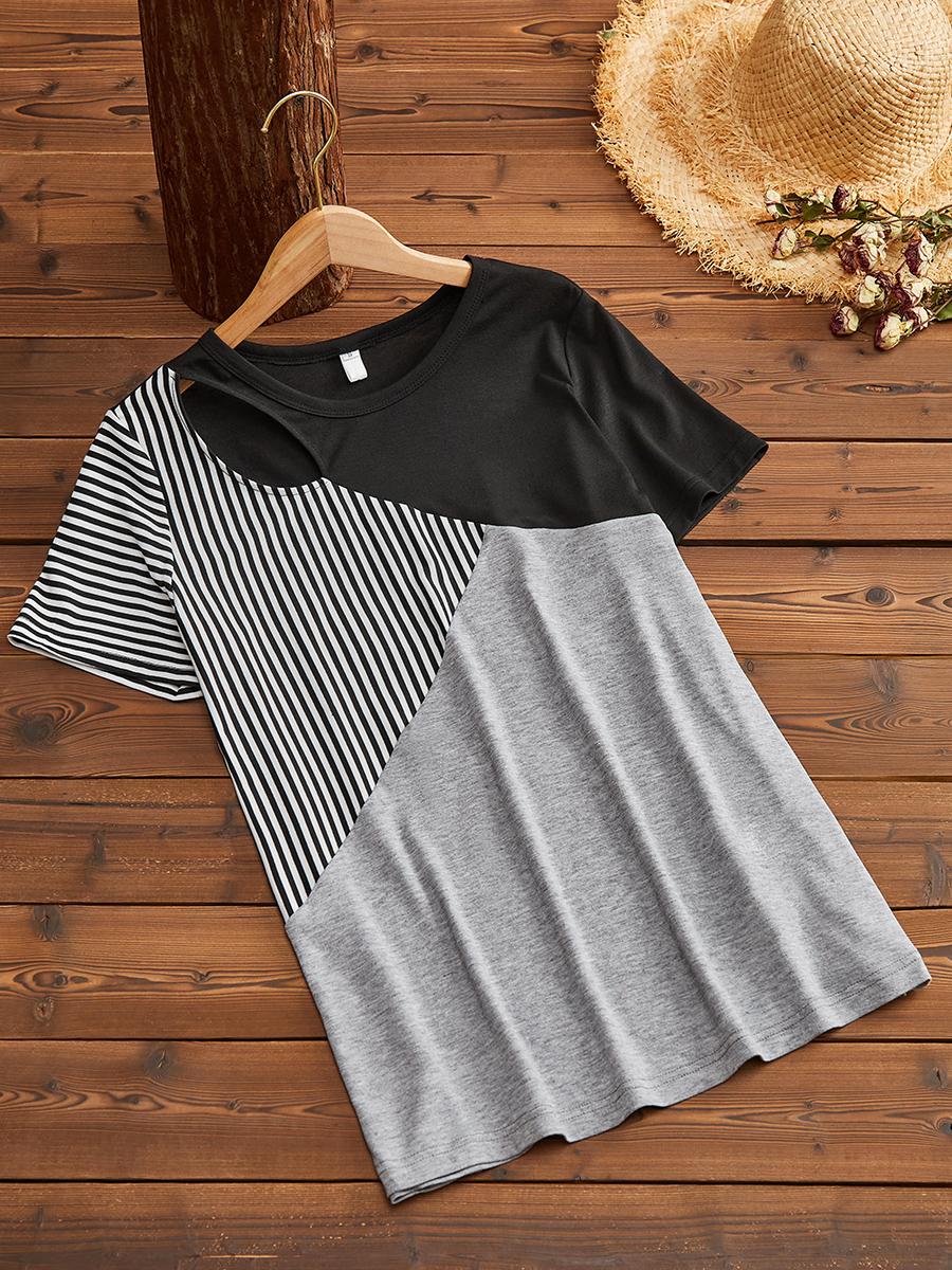 Women's casual striped print hit color short-sleeved T-shirt