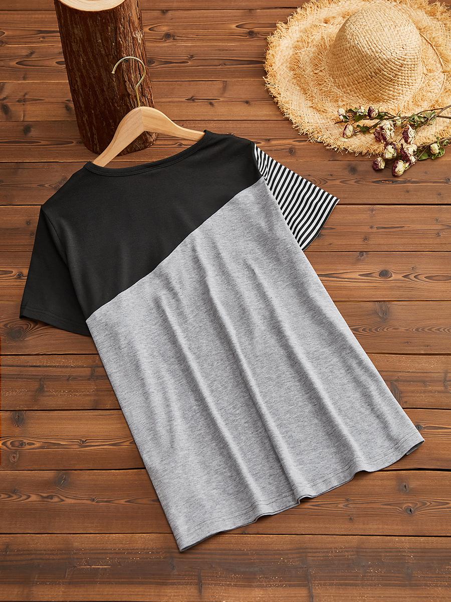 Women's casual striped print hit color short-sleeved T-shirt