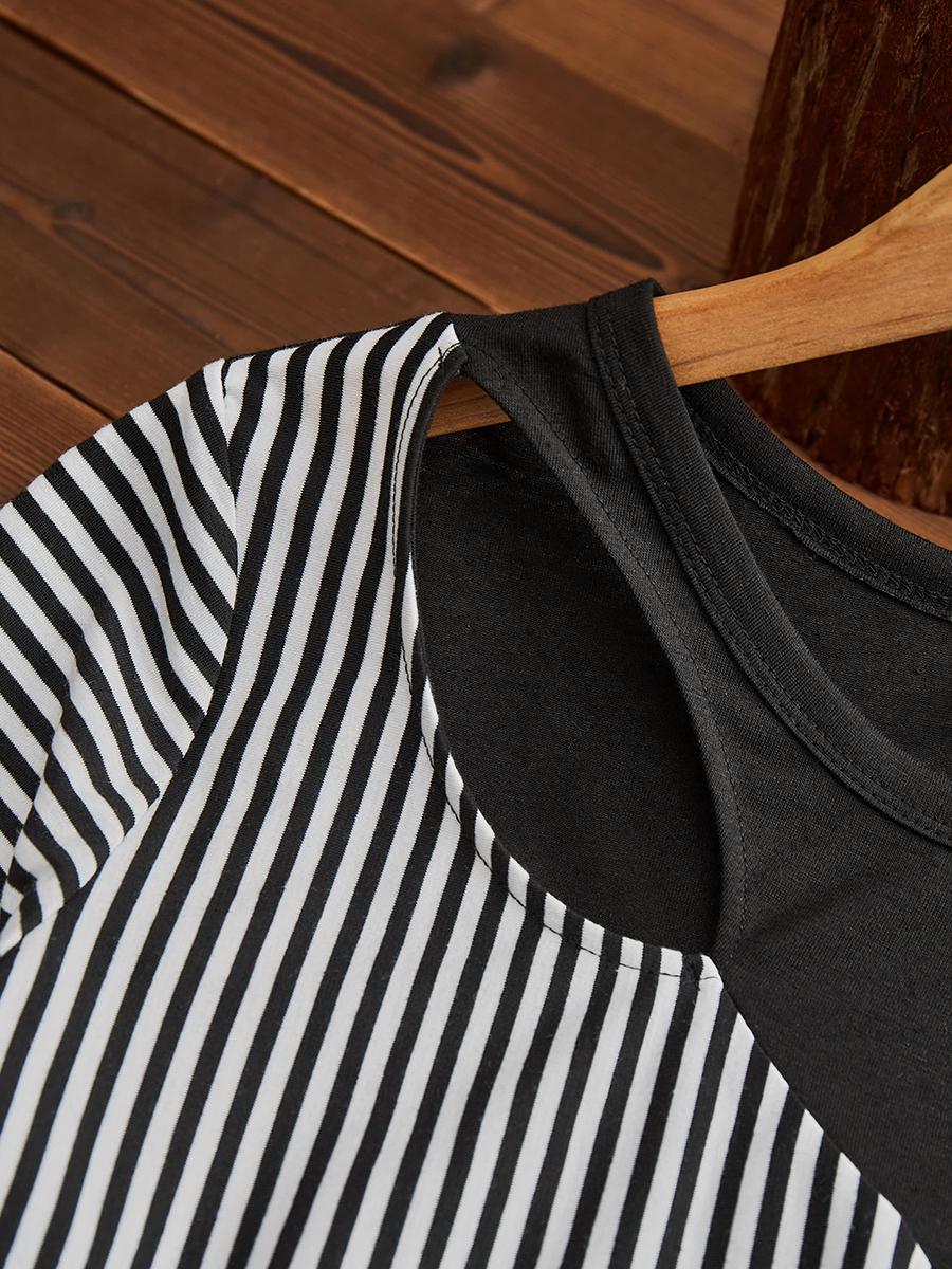 Women's casual striped print hit color short-sleeved T-shirt