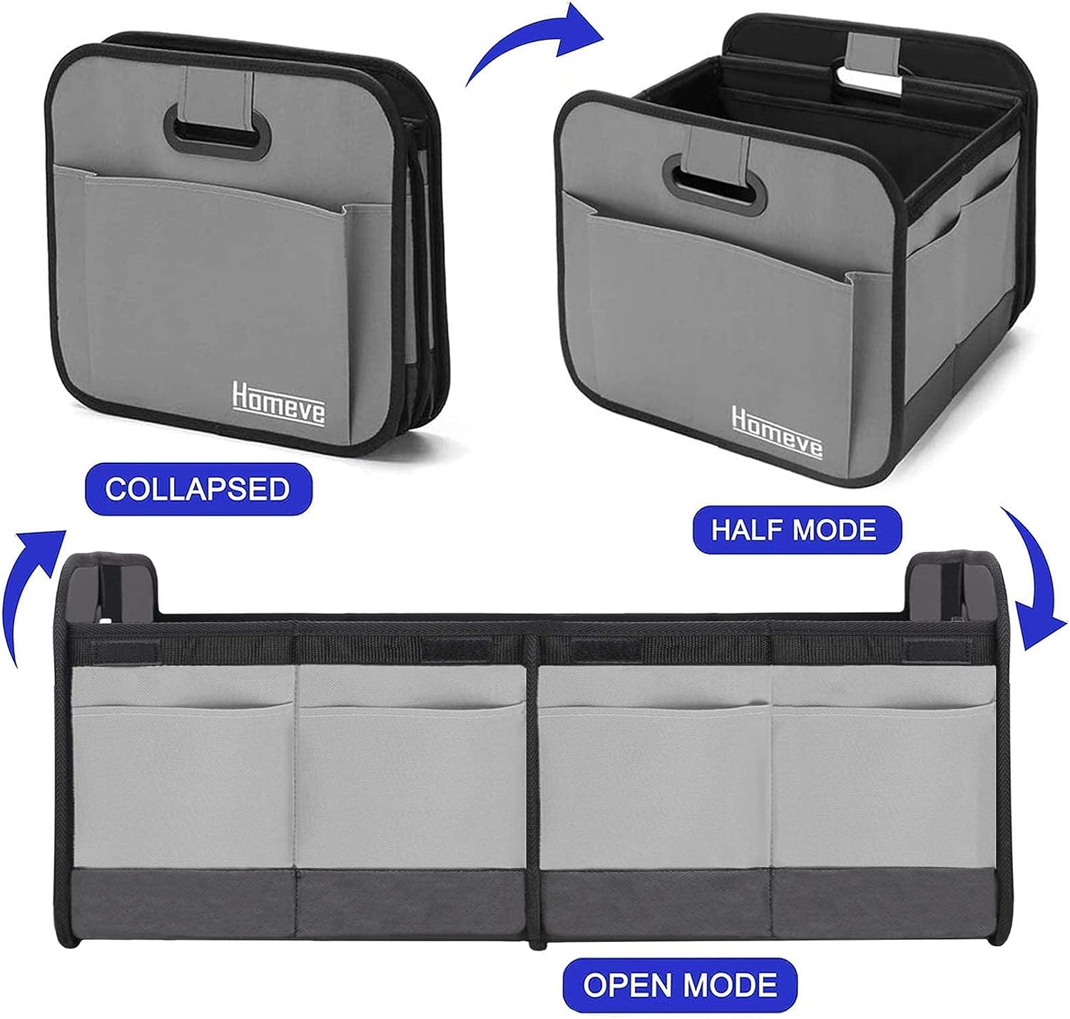 Homeve Trunk Organizer for Car, Car Storage, Reinforced Handles, Collapsible Multi-Compartment Car Organizers Foldable and Waterproof, 600D Oxford Polyester, Suitable for Any Car, SUV, Mini-Van, Grey