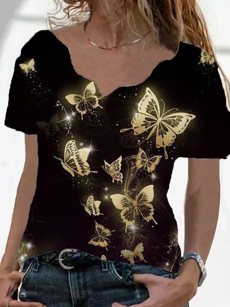 Ladies Short-sleeved Cotton Bronzing Butterfly T-shirt