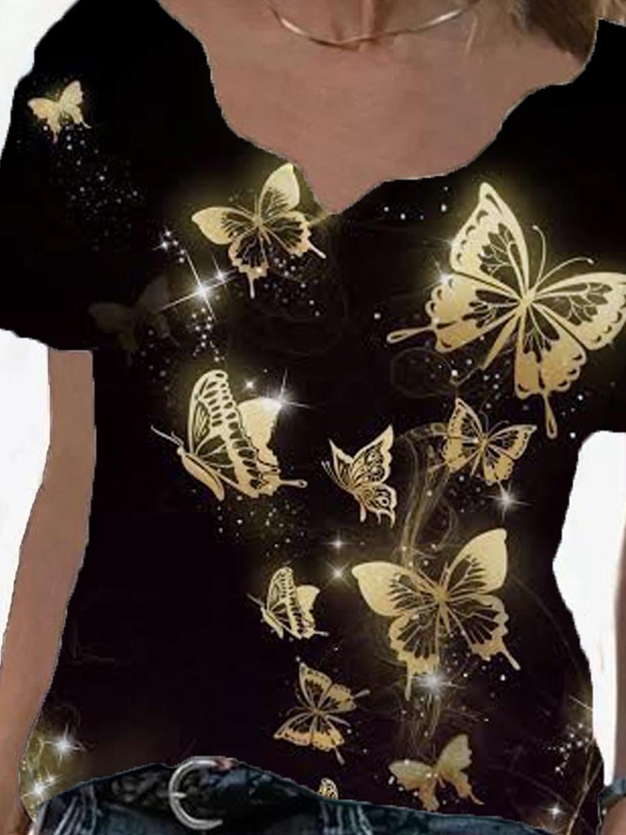 Ladies Short-sleeved Cotton Bronzing Butterfly T-shirt