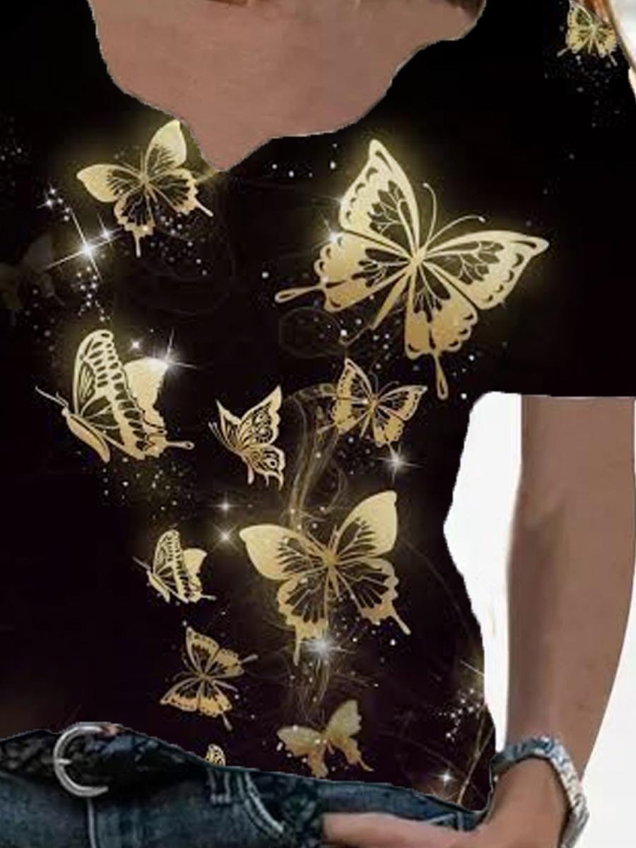 Ladies Short-sleeved Cotton Bronzing Butterfly T-shirt