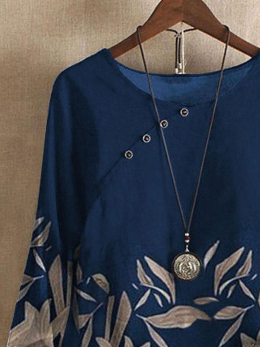 Round Neck Leaf Print Loose Long-sleeved Blouse