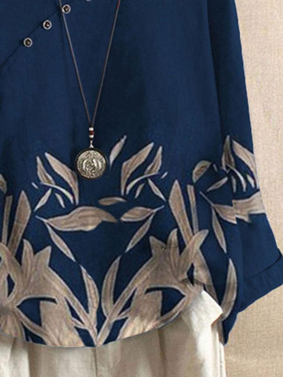 Round Neck Leaf Print Loose Long-sleeved Blouse