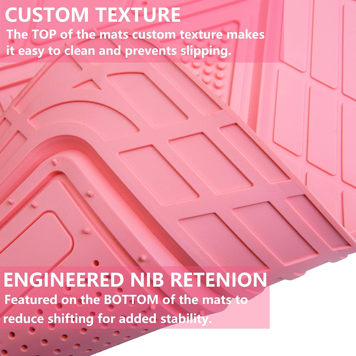 CAR PASS Heavy Duty Rubber Floor Mats Pink 4-Piece Car Mat Set - Universal Waterproof Floor Mats for Car SUV Truck, Durable All-Weather Mats，Car Mats for Women,Girly(All Pink)