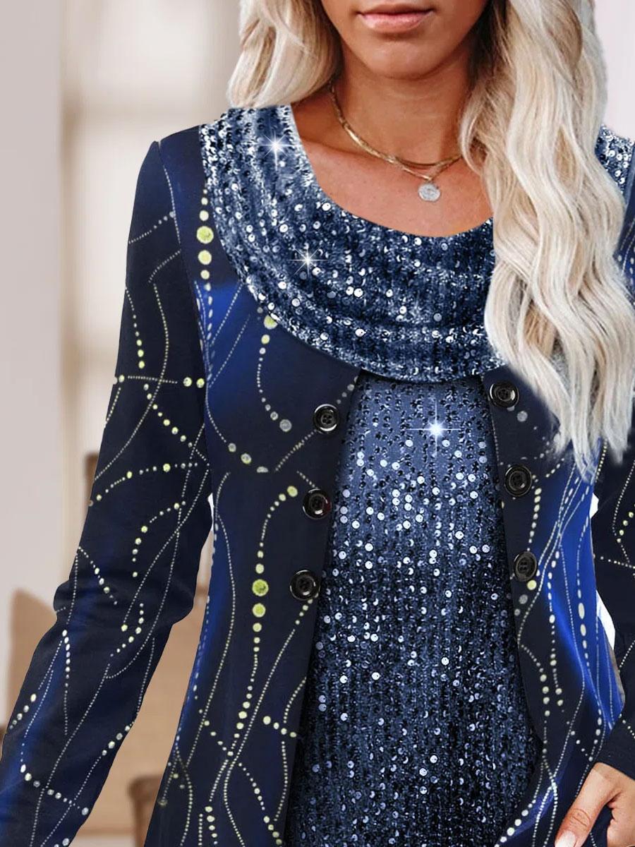 Spliced Printed Casual Loose Long-sleeved T-shirt
