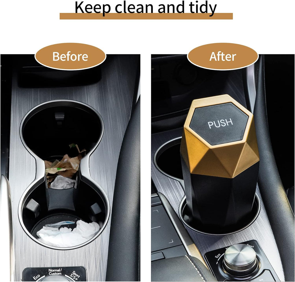 JUSTTOP Car Trash Can with Lid, Diamond  Small Automatic Portable Trash Can, Easy to Clean, Used in Car Home Office (Gold)